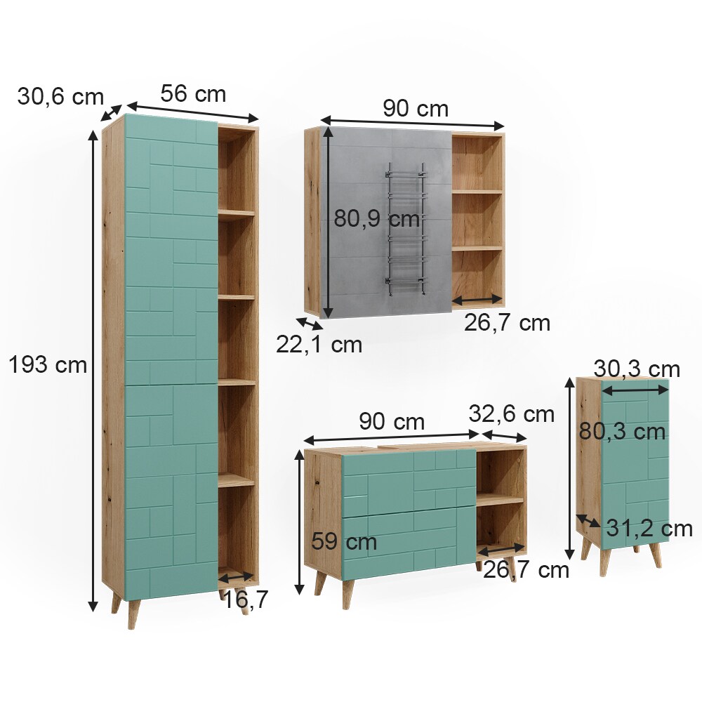 Vicco Badmöbel-Set Rudi in Eiche Evoke Mintgrün, Badezimmer, moderne Badserie Waschbeckenunterschrank Spiegelschrank Hochschrank Midischrank