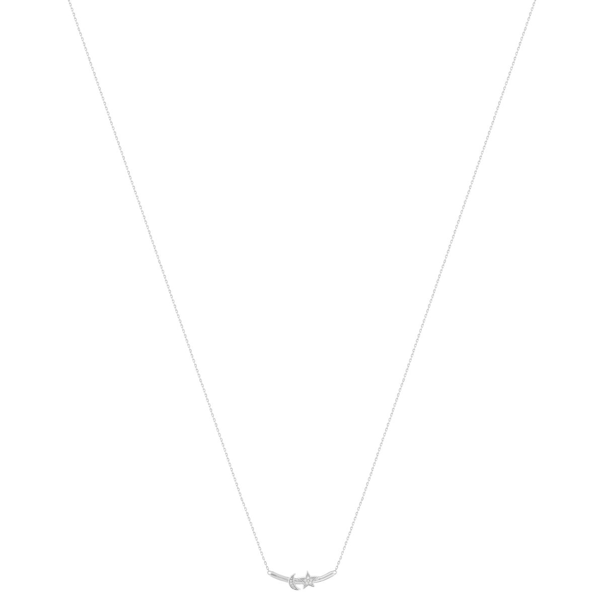 Collier or 375 blanc diamants, motif étoile et lune 45 cm