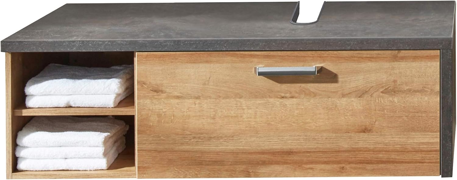 trendteam smart living - Bay - Waschbeckenunterschrank - Eiche Riviera/Beton dunkel - Badschrank hängend mit Schublade (Unterflurauszug) und 2 offenen Fächern - (BxHxT) 123 x 39 x 53 cm - kratzfest