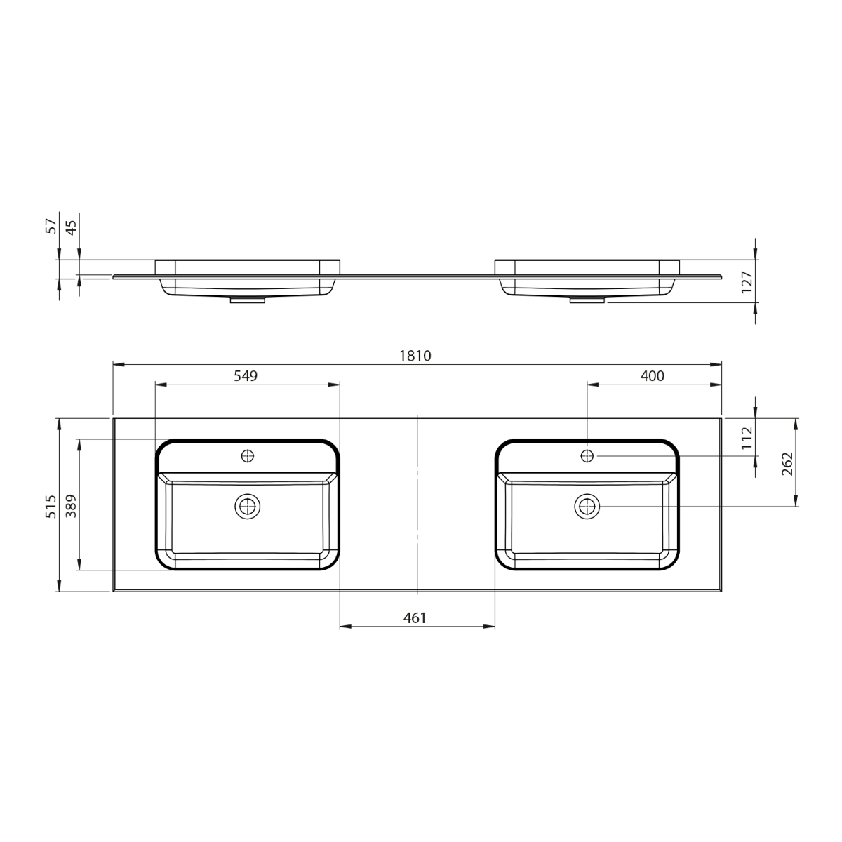 Sapho Brahea dubbele wastafel 180x50cm solid surface wit mat met smalle rand en kraangat