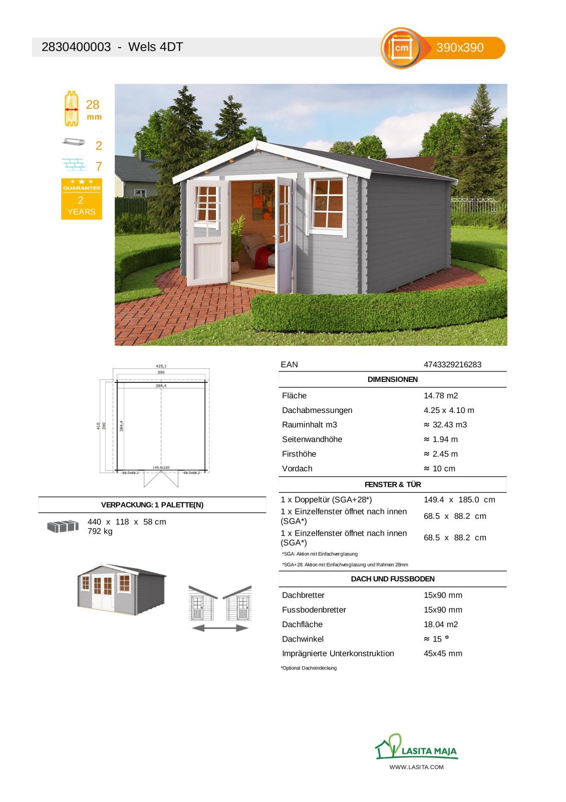 Gartenhaus WELS 4 DT - lichtgrau - Fichte massiv - 390x390 cm