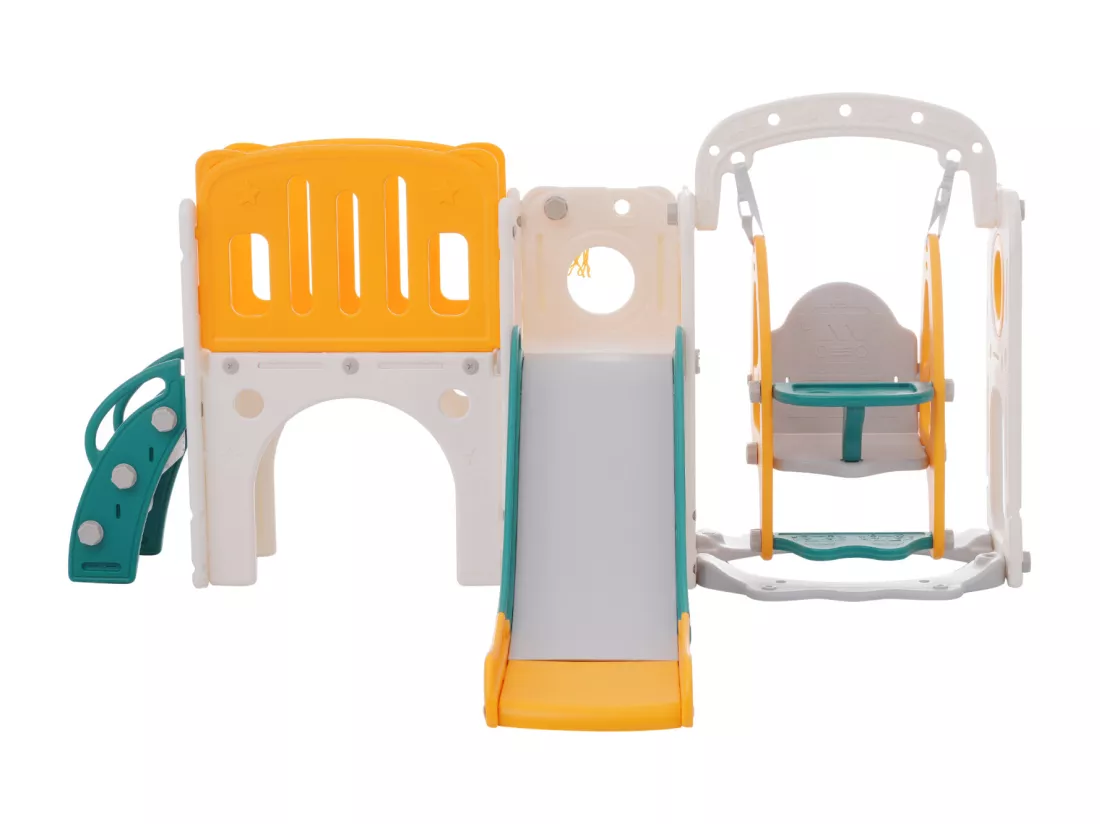 Toboggan 7 en 1 pour enfant, avec balançoire, plate-forme, zone de rangement, arcade, panier de basket, escalier, PEHD, vert+jaune