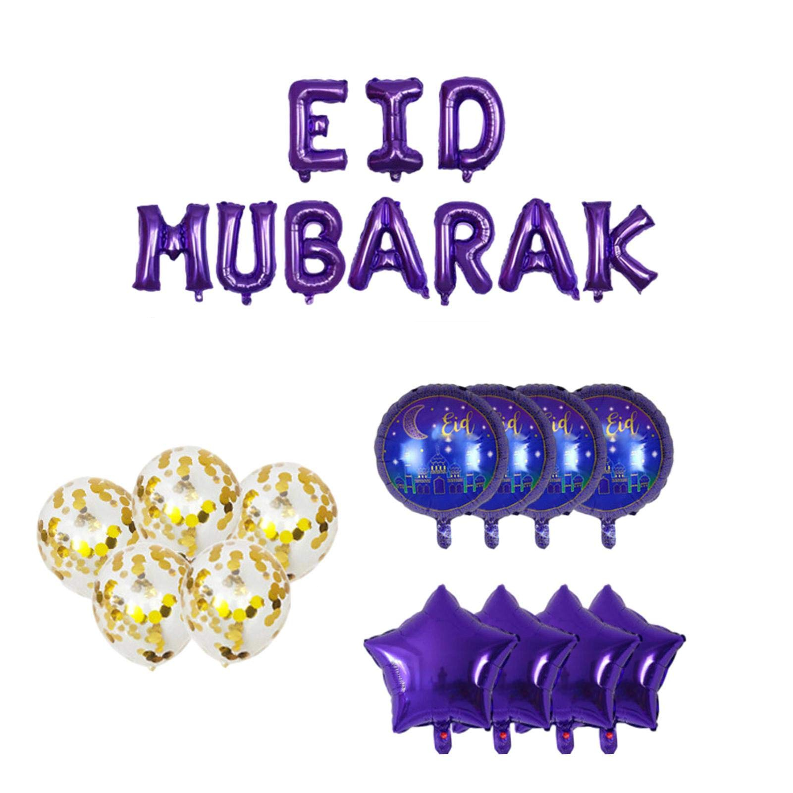 (15-tlg. Set) Ramadan Ballon Girlande Eid Mubarak Party Deko   Latex- & Folien Luftballons - Lila / Gold / Blau