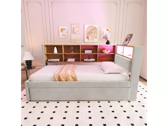 Lit gigogne 90x200 et 90x190 avec prise USB et nombreux compartiments de rangement lit rembourré multifonction Gris clair