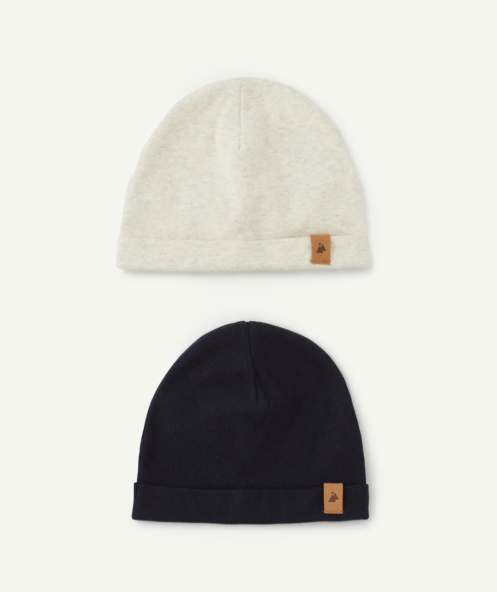 LOT DE 2 BONNETS BÉBÉ GARÇON EN COTON BLEU MARINE ET ÉCRU CHINÉ