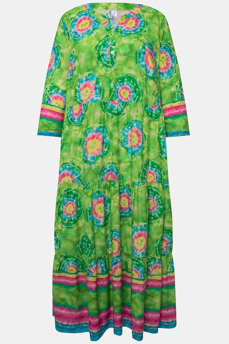 Maxikleid, Straight Fit, Batikdruck, Tunika-Ausschnitt, Langarm