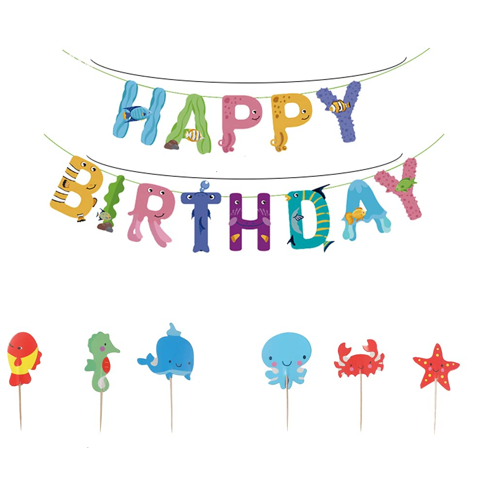 (60-tlg. Set) Happy Birthday Girlande Kinder Geburtstags Party Deko inkl. Kuchenstecker / Folienballons / Spiralen Girlande - Meerestiere