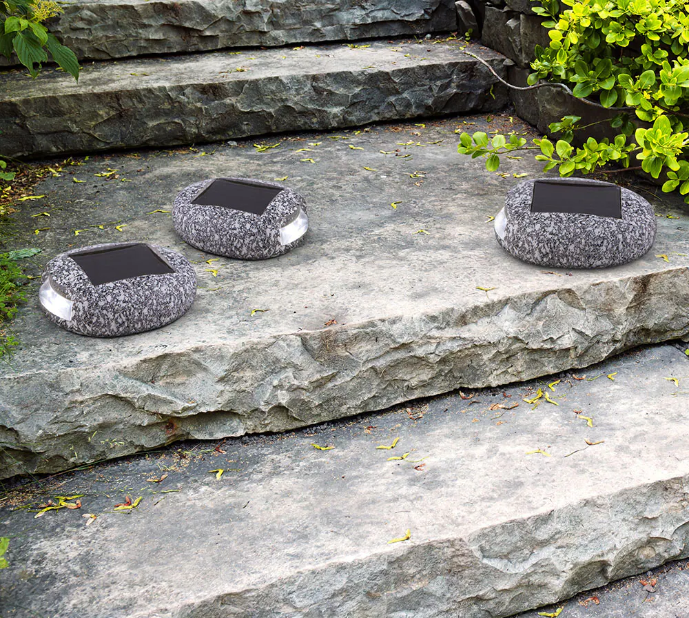 3er Set LED Solarleuchten, Stein Design, grau, L 8,5 cm