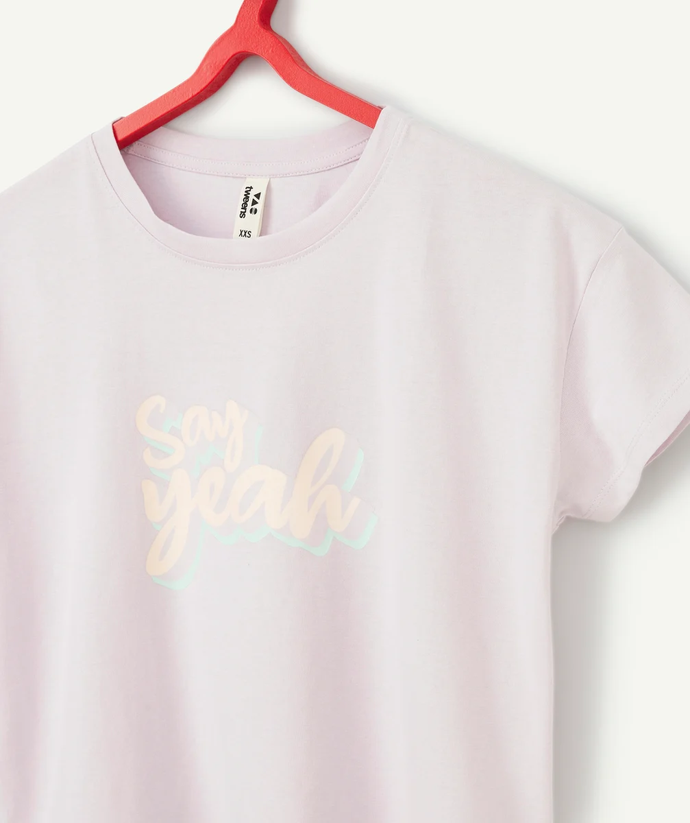 T-SHIRT OVERSIZE FILLE EN FIBRES RECYCLÉES VIOLET AVEC MESSAGE 