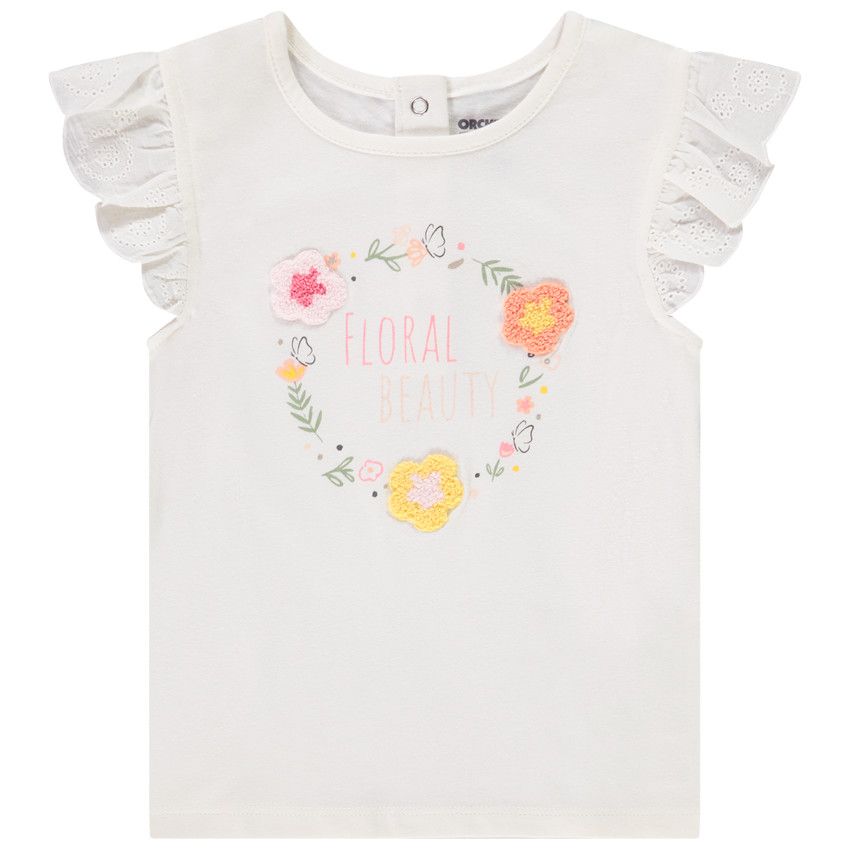 T-shirt manches courtes volantées et print pour bébé fille - Ecru