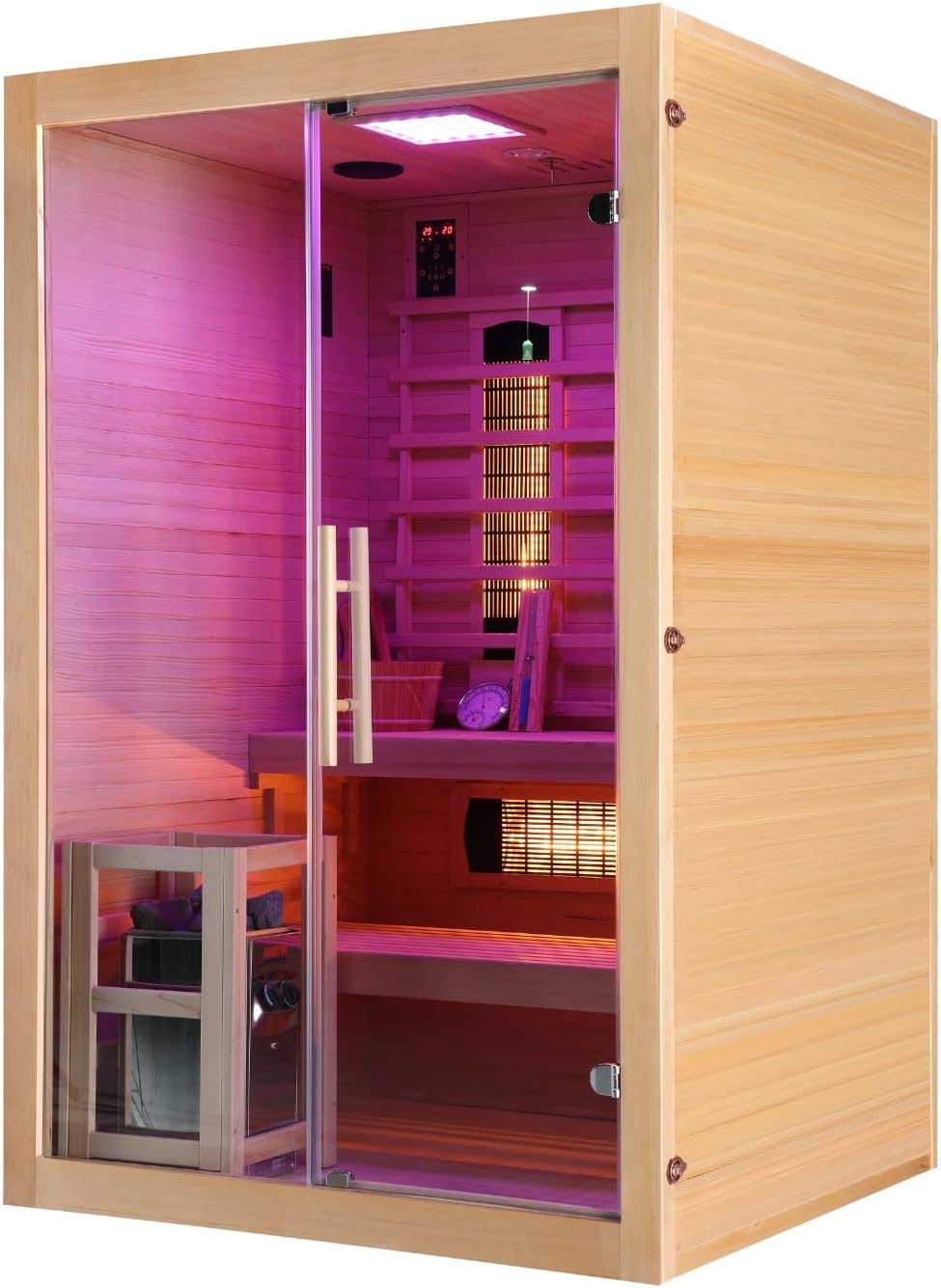 SANOTECHNIK Infrarotkabine TWINCOMBI – 2 Personen Kombi-Sauna 130×120×200cm | 3 Vollspektrum-Strahler (2×300W & 1×400W), Harvia 3,5kW Ofen, LED-Farblicht, Bluetooth-MP3 – Art.Nr.: J30130