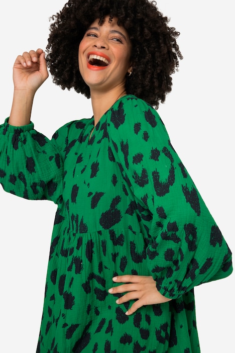 Musselin-Kleid, Leodruck, Tunika-Ausschnitt, weite Ballonärmel