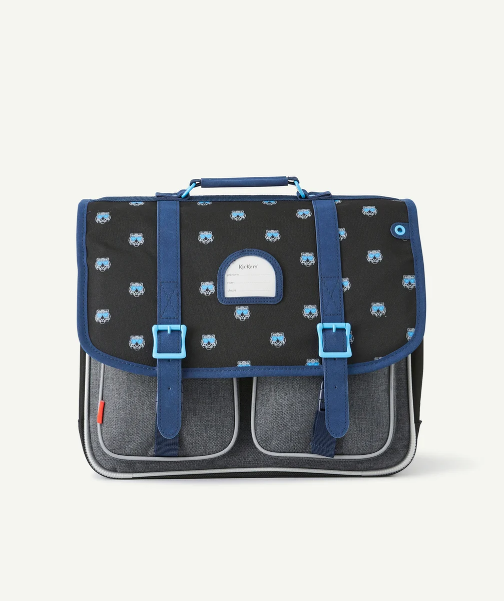 KICKERSCARTABLE BLEU NOIR ET GRIS CHINÉ IMPRIMÉ TIGRES AVEC DOUBLE SOUFFLET