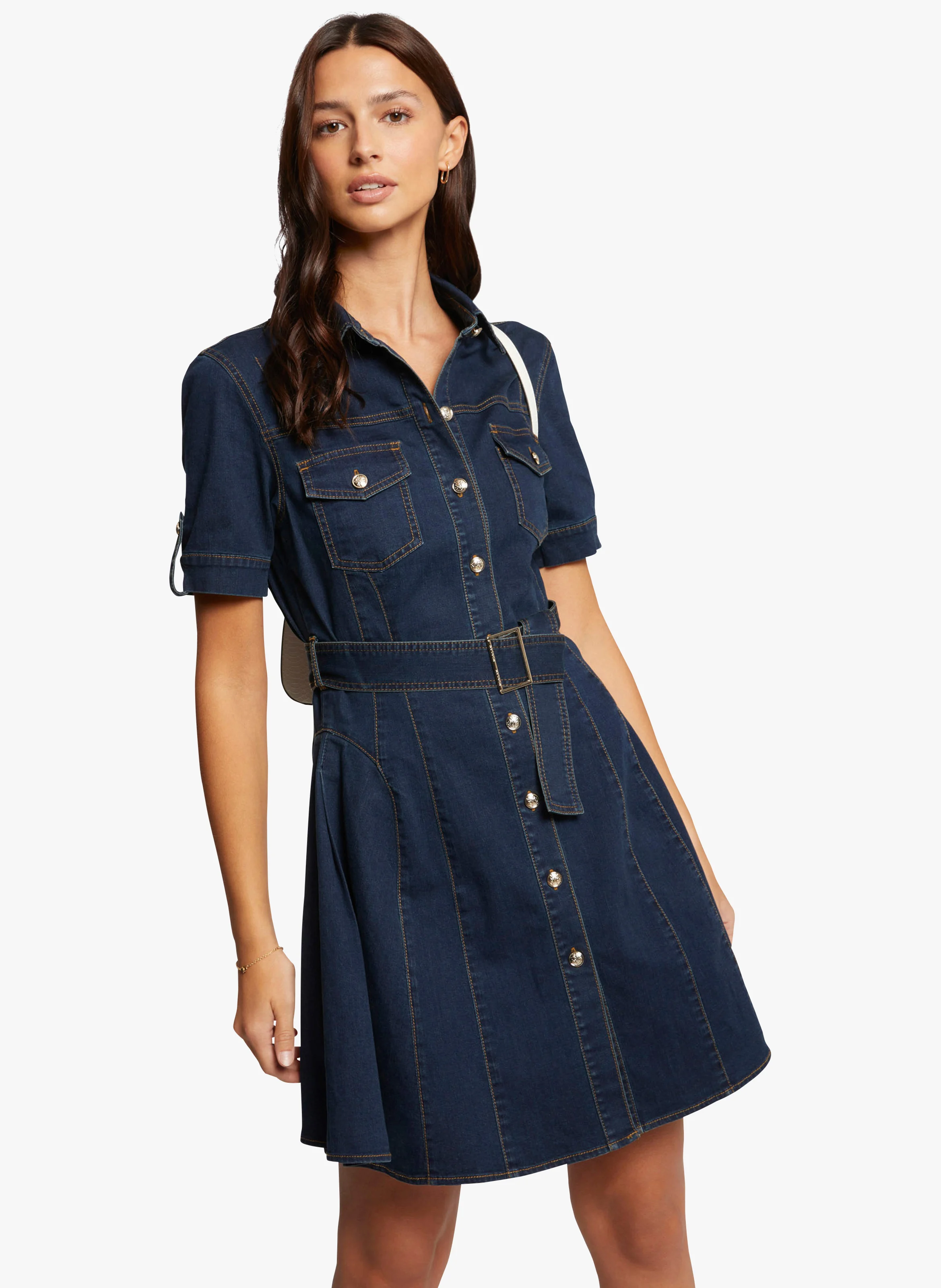 RIXES - Robe courte cintrée col classique en coton mélangé | Jean brut