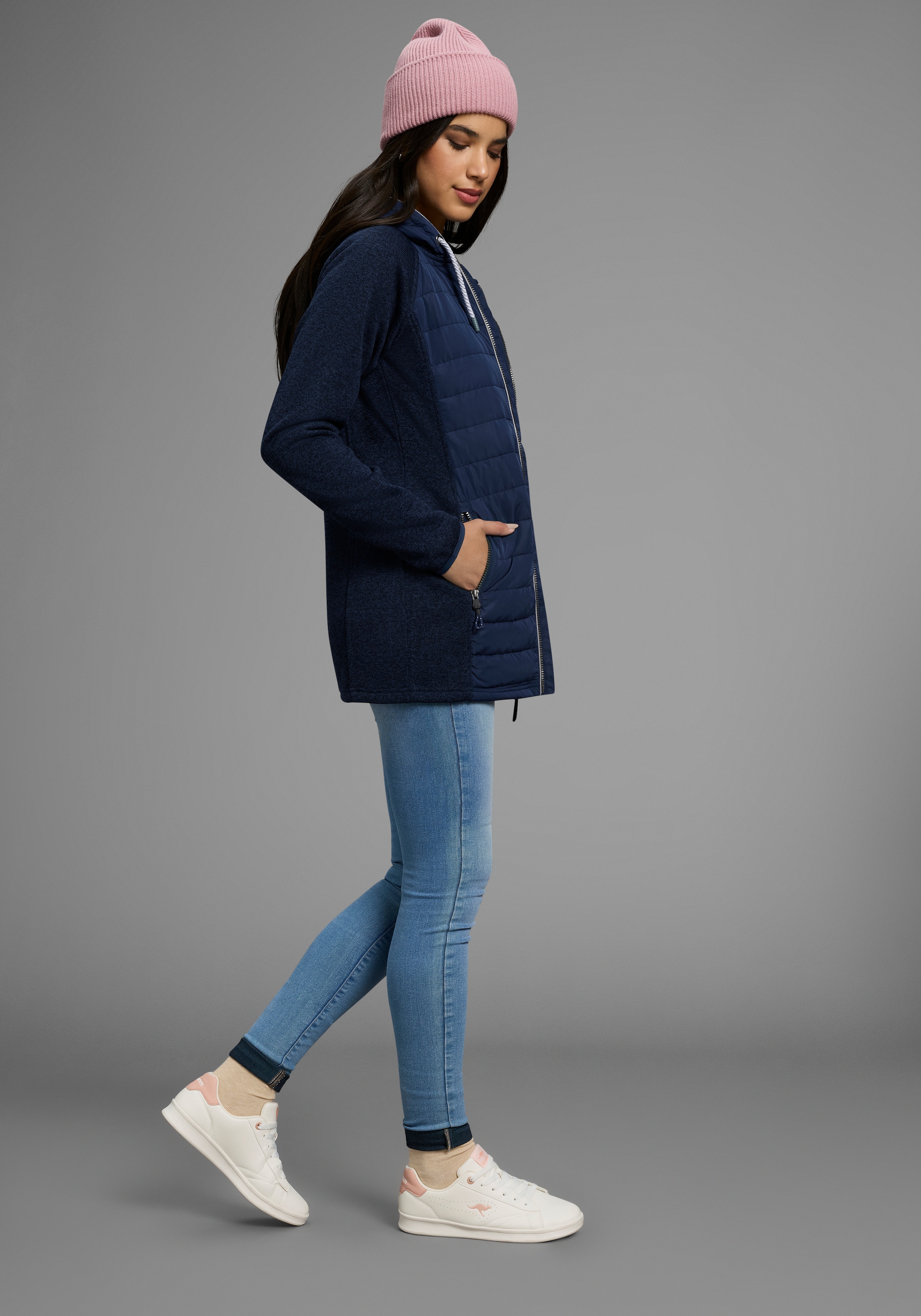 Polarino Strickfleecejacke mit Kapuze mit wattiertem Bereich-Hybridjacke, Übergangsjacke