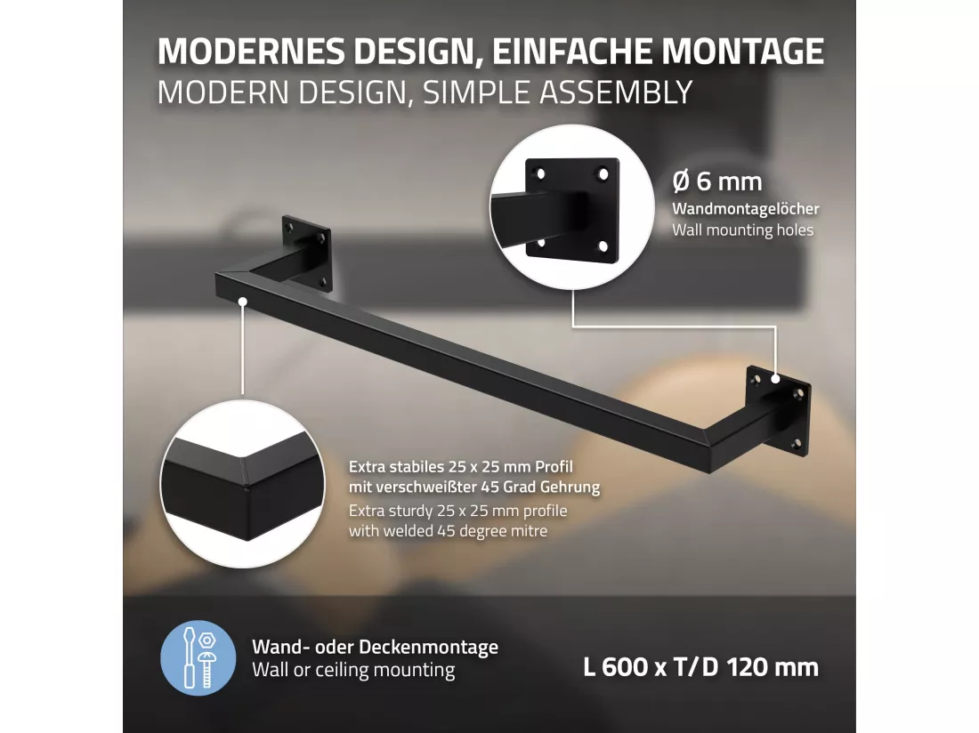2x Tringle à vêtements tringle de support noir montage mural porte-manteau 60 cm