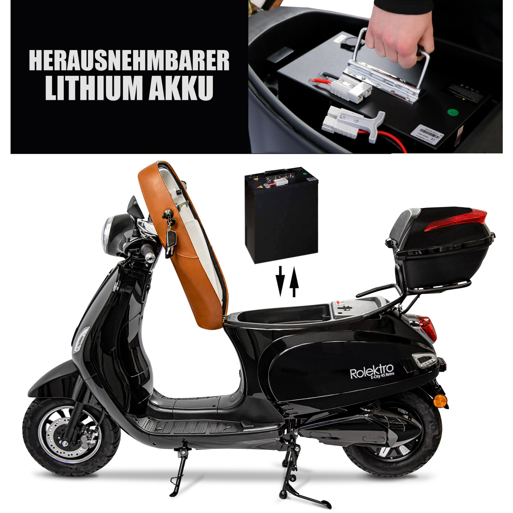 Rolektro, Retro 45 E-Roller, Lithium, V.2021, Schwarz, 60V-27,5Ah Akku, 2000 Watt