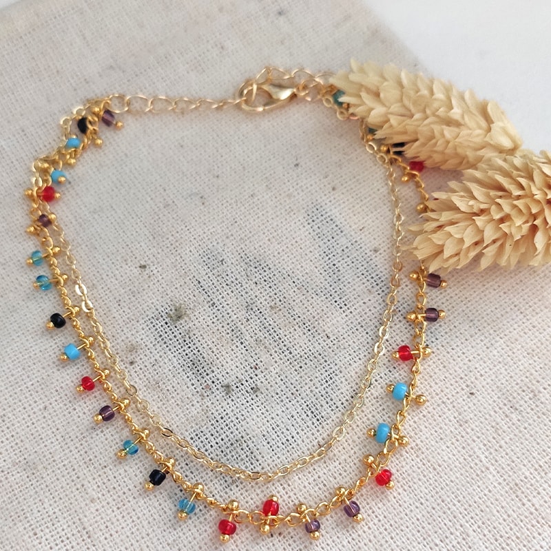 Bracelet de cheville avec pierres cristaux colorées - Laiton doré & plaqué or