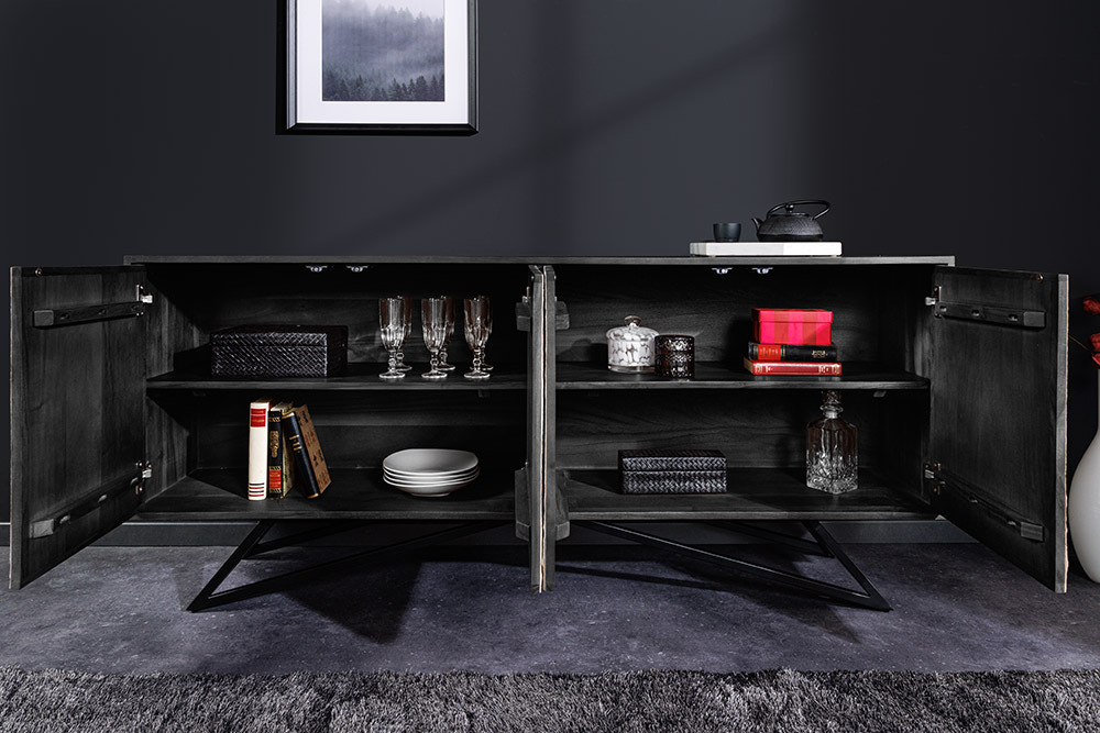Massivholz Sideboard MOUNTAIN SOUL 175cm weiß schwarz Akazie echter Naturstein