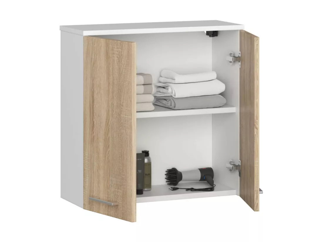 Armoire salle de bains AKORD FIN accr. au mur Blanche 60 cm 2 portes façade Chêne Sonoma 2 étagères 60x22,5x60 cm