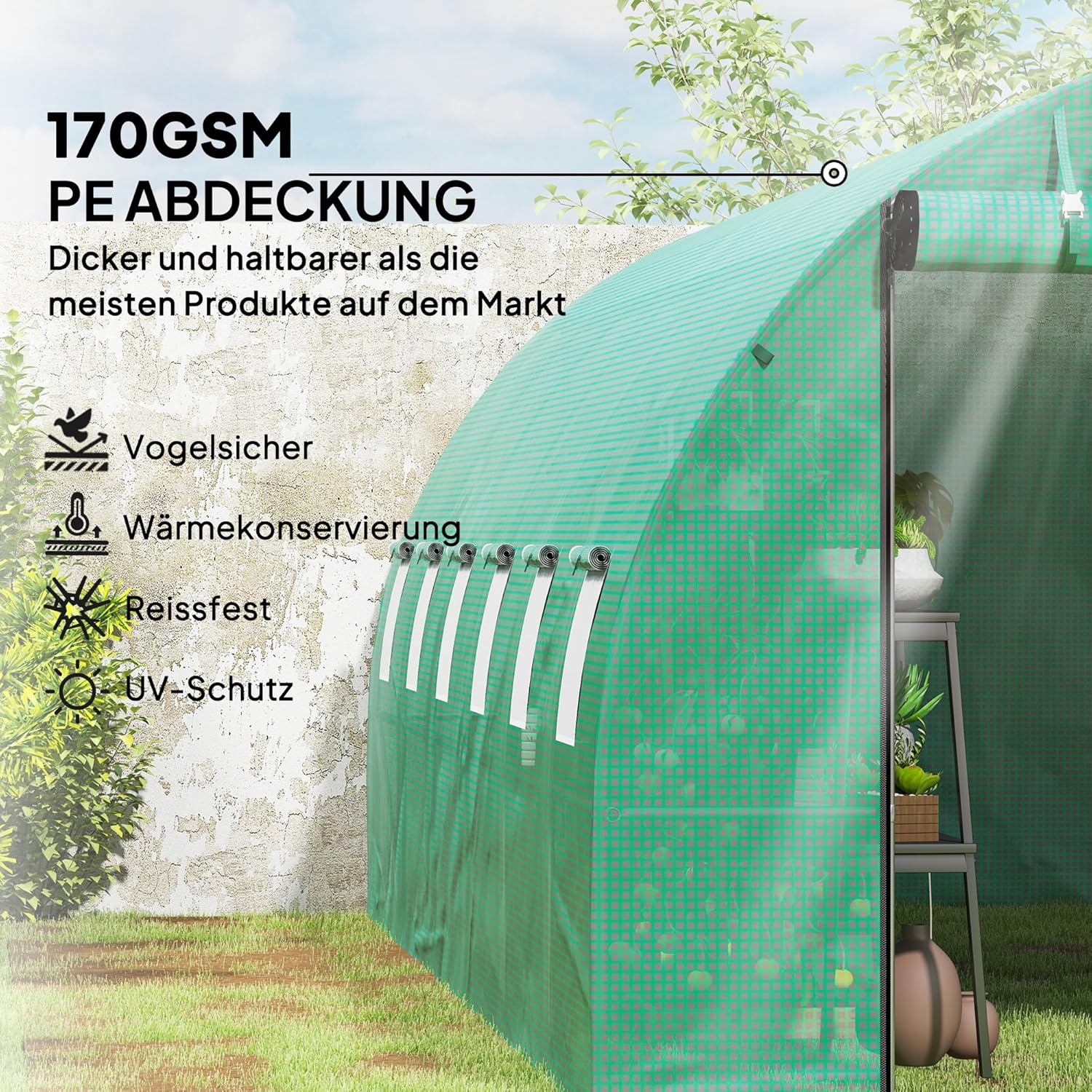 Outsunny Gewächshaus 300x600x200cm Foliengewächshaus Tomatenhaus mit Tür, 12 Fenster, Folientunnel aus verzinktem Stahl, 170g/m² PE, stabiles pflanztunnel, Treibhaus inkl. Erdanker & Seilen, Grün