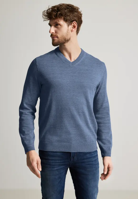 Melange V-Neck Pullover - smoky blue