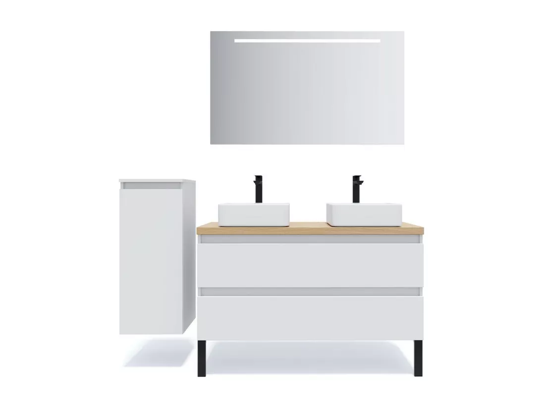 Meuble de salle de bain suspendu 2 vasques à poser 120cm 2 tiroirs Blanc - Hudson