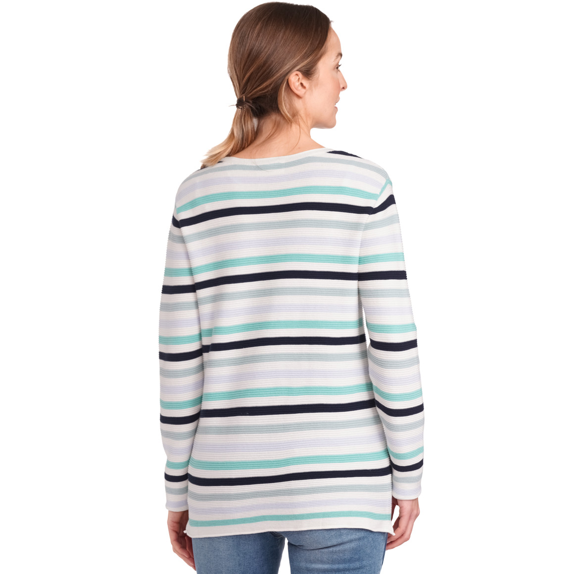 Gina Damen Strickpullover mit Streifen-Allover türkis / cremeweiss / dunkelblau