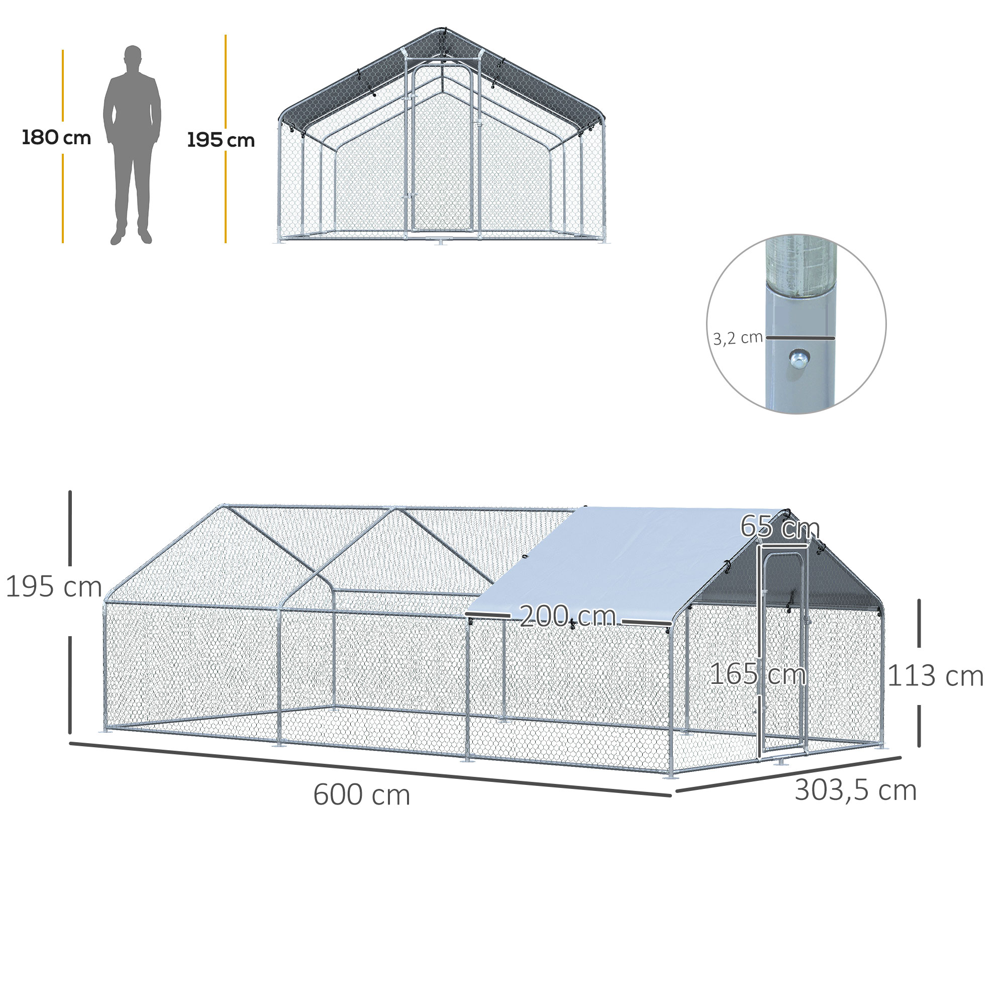 Galinheiro grande PawHut para exterior, em metal galvanizado, 3,03 x 6 x 1,95 m, com 3 compartimentos e cobertura em tecido Oxford resistente à água e aos raios UV, ideal para pátios, cor prata.