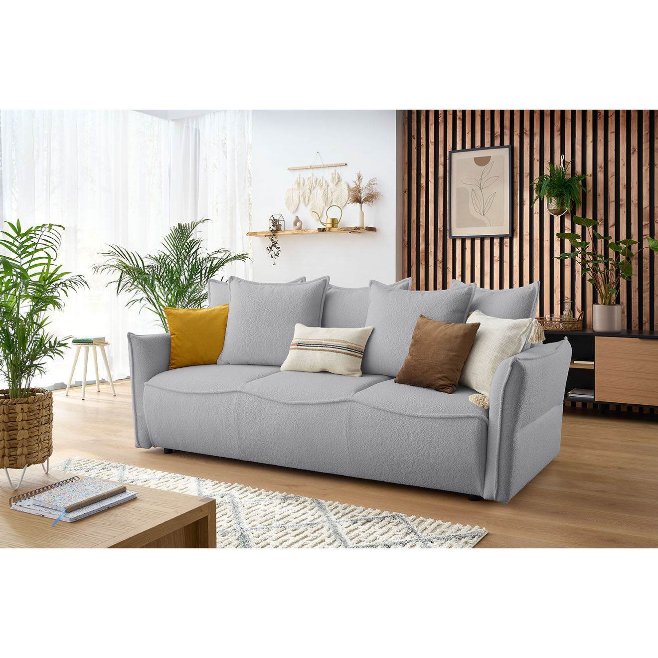 Bobochic Canapé 3 places convertible coffre Bouclette Leon gris clair - 226x97x90 cm