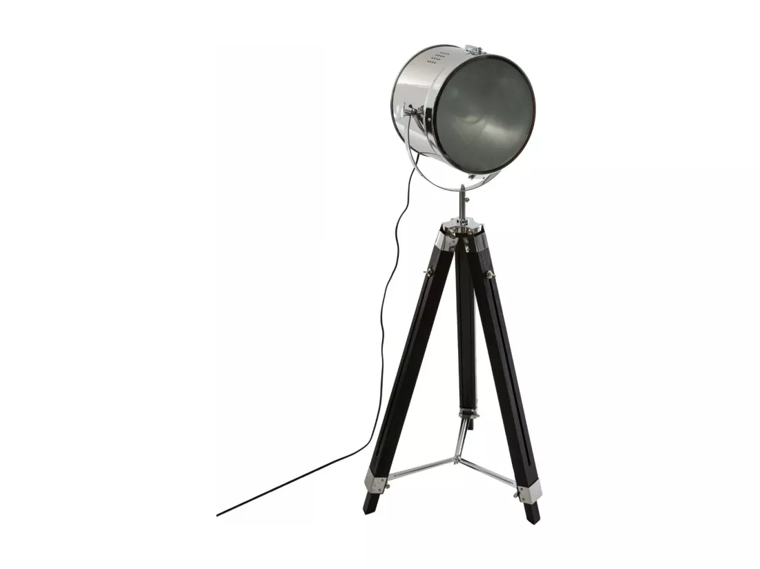 Lampadaire projecteur en Métal et Bois brossé Noir H 152 cm