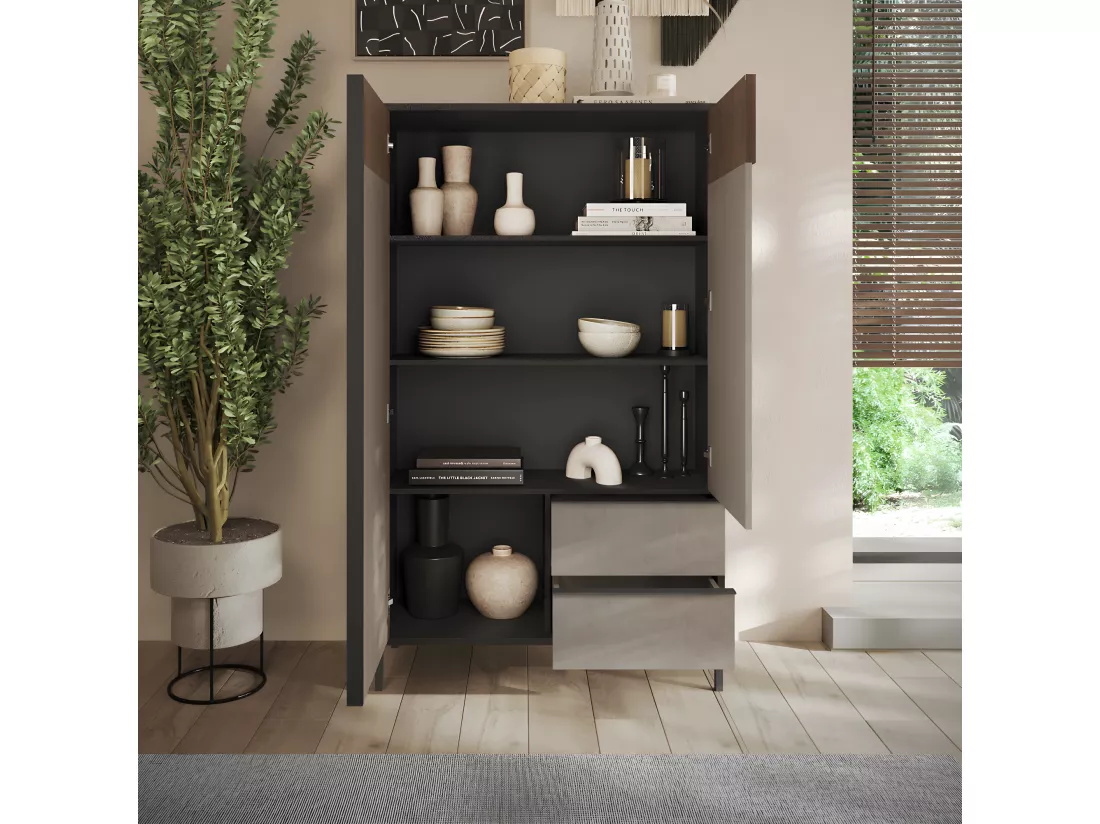 Vaisselier 2 portes 2 tiroirs Lave/Argile/Chêne noisette - CIVITA