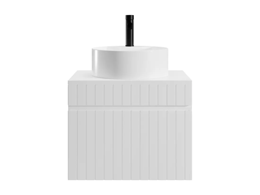 Meuble de salle de bain suspendu strié blanc avec vasque ronde à poser - 60 cm - SATARA