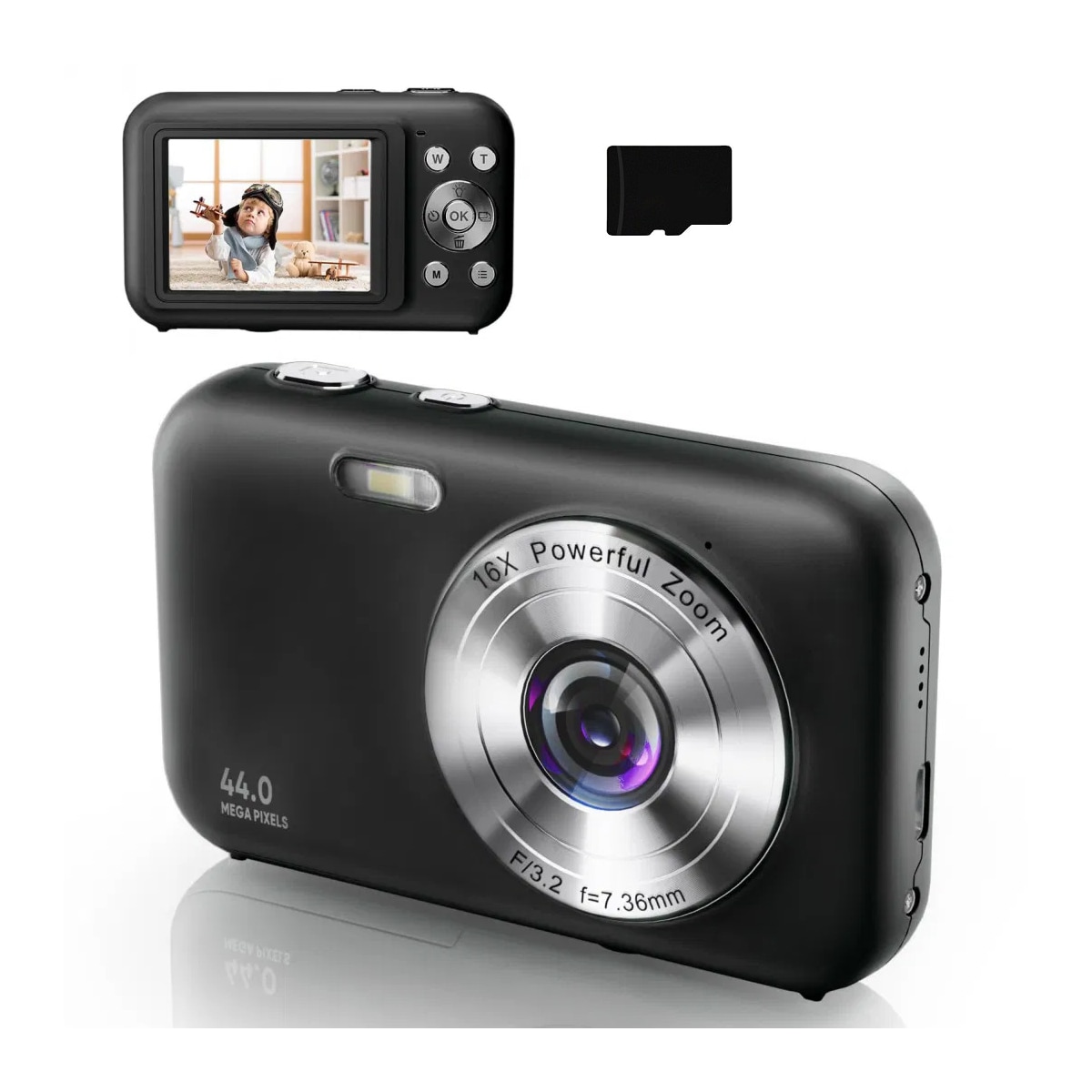 Digitalkamera 1080P 44MP 16x zoom 2,4-tommers skjerm, 32 GB minnekort Sort