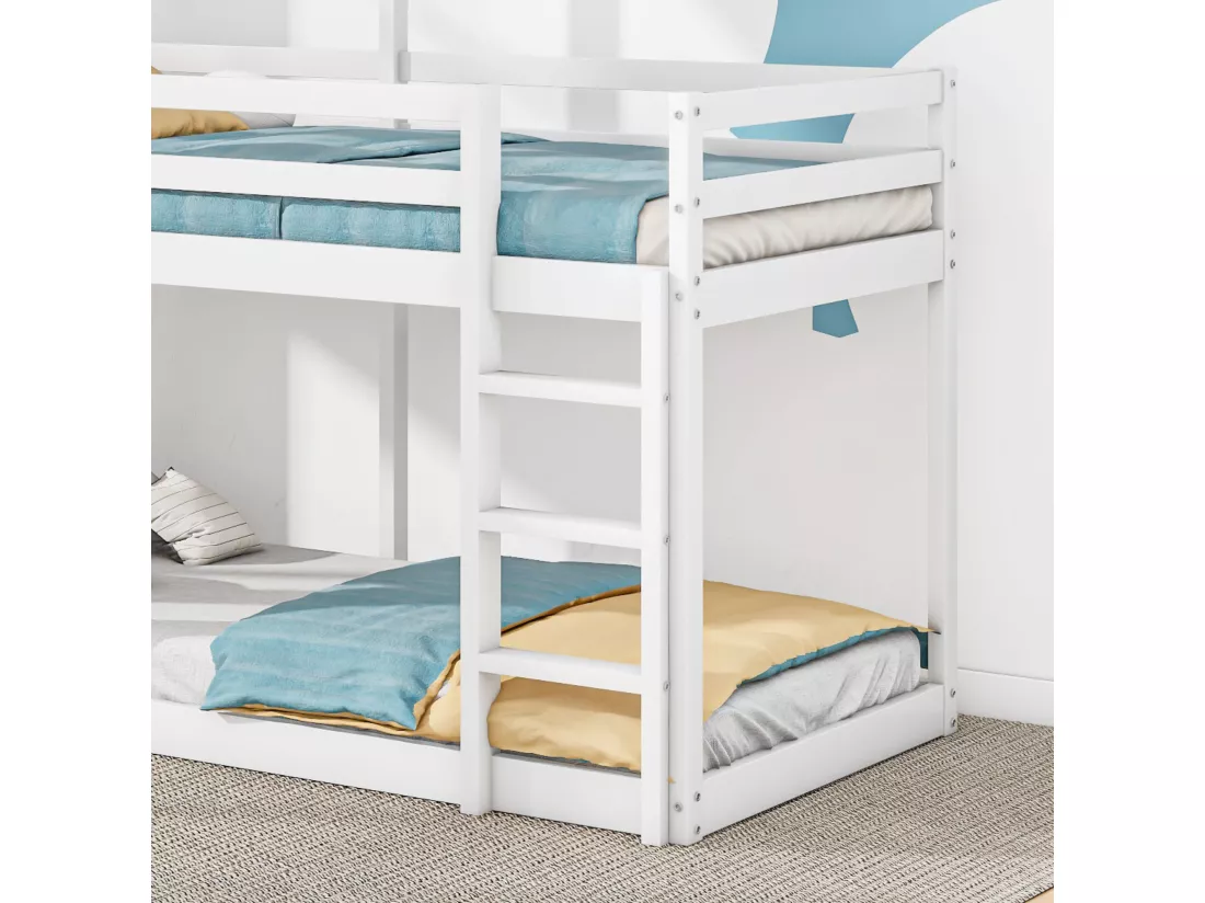 Lit superposé cabane 90x200cm - en bois massif - avec 2 fenêtres - Blanc