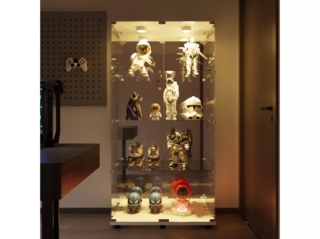 Vitrine en verre 163.9 x 36.49 x 80.49 cm,avec étagères et éclairage LED, armoire de curiosités à double porte