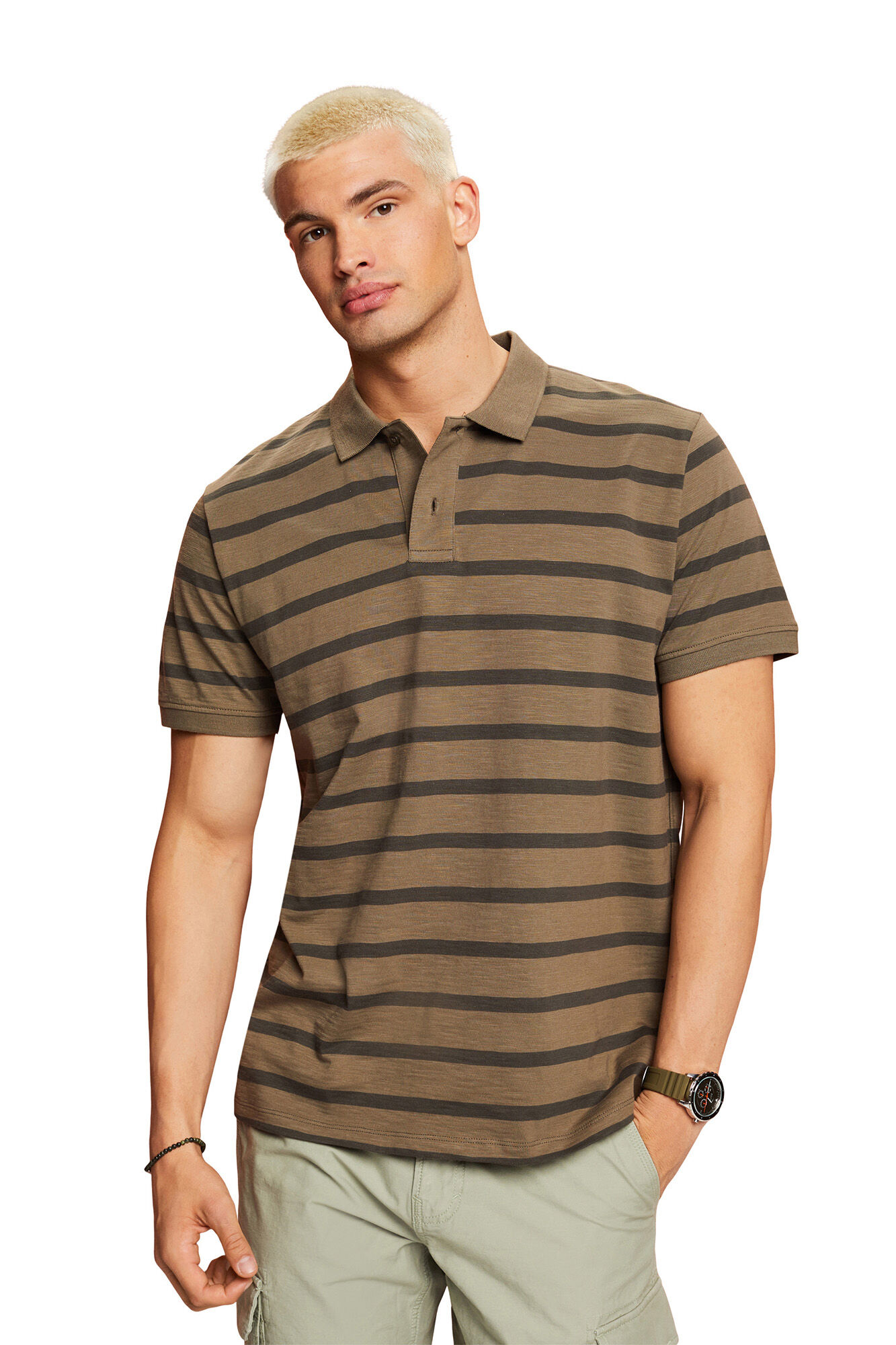 Camisa polo listrada em algodão sustentável - Estampa verde