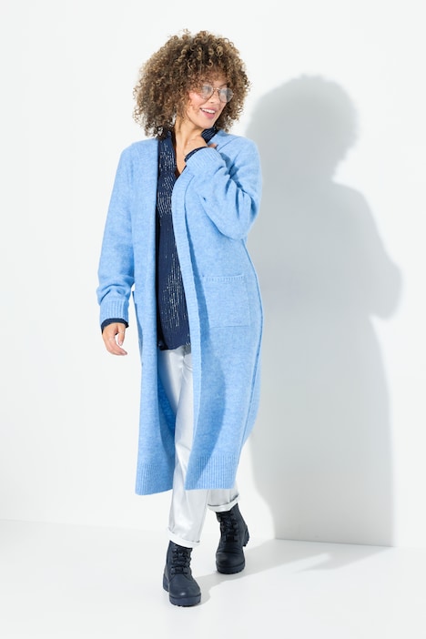 Long-Strickjacke, Kapuze, offene Jacke, Linksstrick