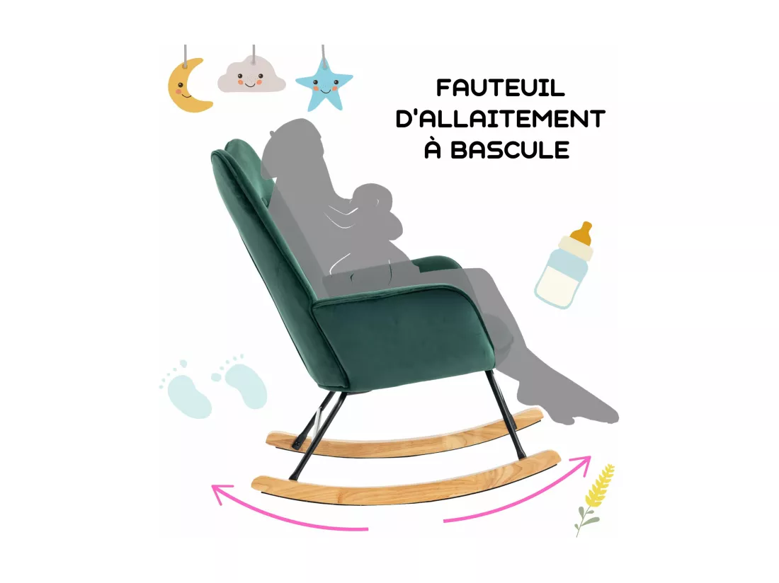 URBAN MEUBLE Fauteuil à bascule Scandinave velours vert pieds en bois foncé EPPING SMALL VELVET GREEN