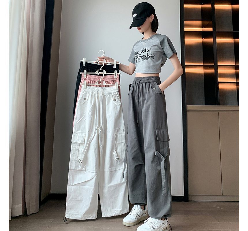 Supernova - Hoge taille, effen, baggy cargobroek met trekkoord