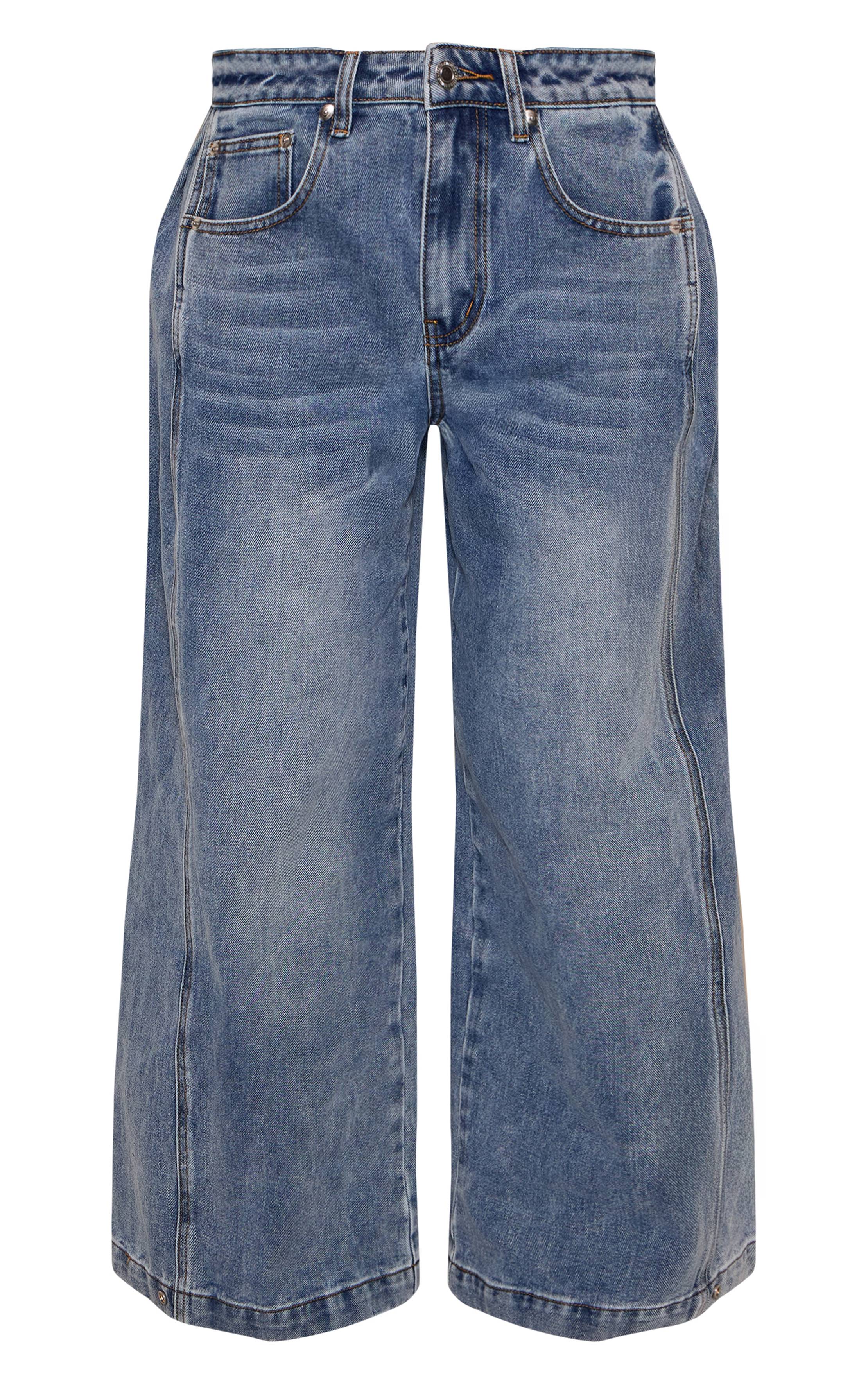 Mid Blue Wash Jean Large À Détails Plissés Latéraux En Denim Petite