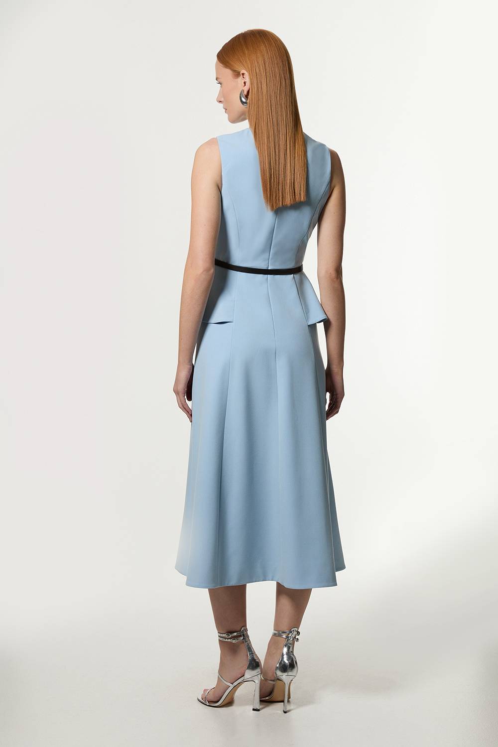 KarenMillen Robe midi stretch compacte ceinturée avec détail peplum et jupe pleine