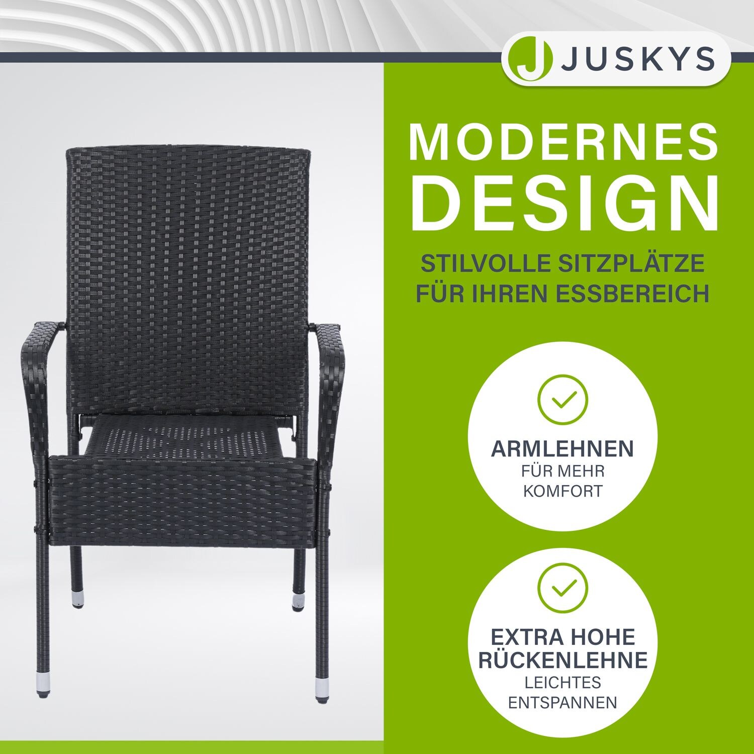 Juskys Polyrattan Gartenstühle Yoro 2er Set - Stuhl mit Armlehnen - Rattan Stühle stapelbar Schwarz