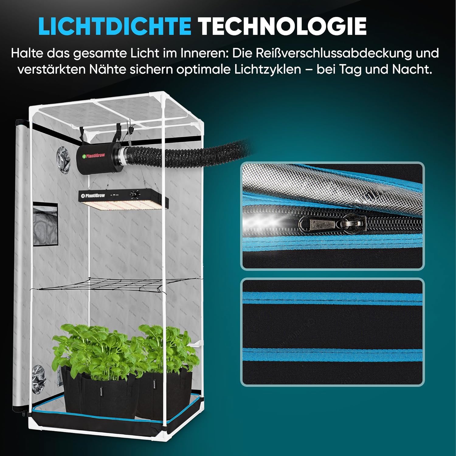 Growzelt Komplettset – Indoor Gewächshaus mit 150W Vollspektrum LED Lampe (Dimmbar), 1680D, Carbon-Filter, Inline-Kanalventilator, Abluftschlauch (120x60x180cm)