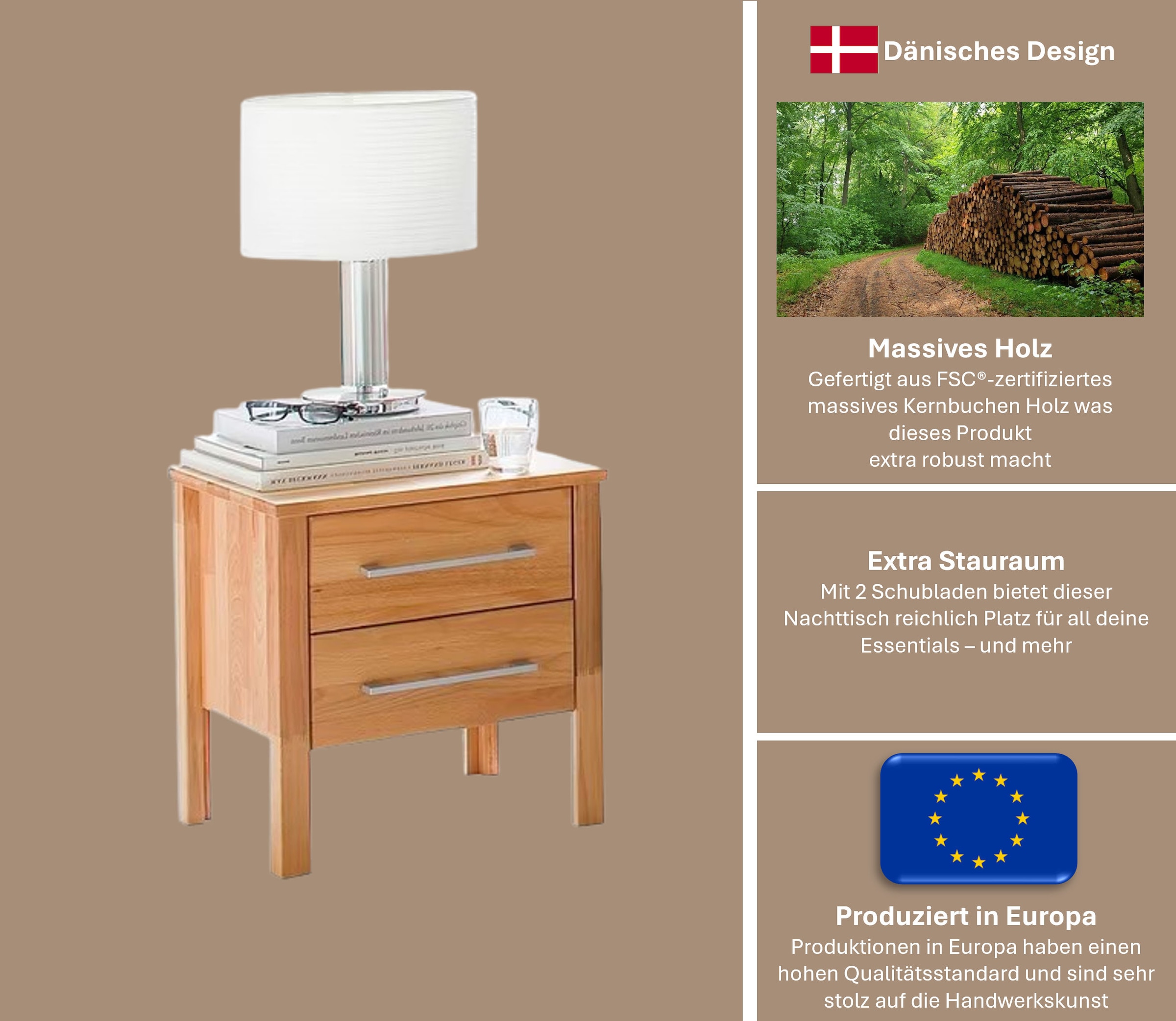 Home affaire Nachtkonsole »Modesty Nachtkonsole, überzeugt durch sein klares, schlichtes Design« Massivholz, Skandinavisches Design, Robust, stabil, FSC zertifiziert