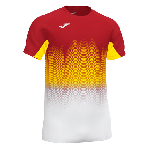 Camiseta Joma Elite VII de manga curta nas cores vermelho, branco e amarelo
