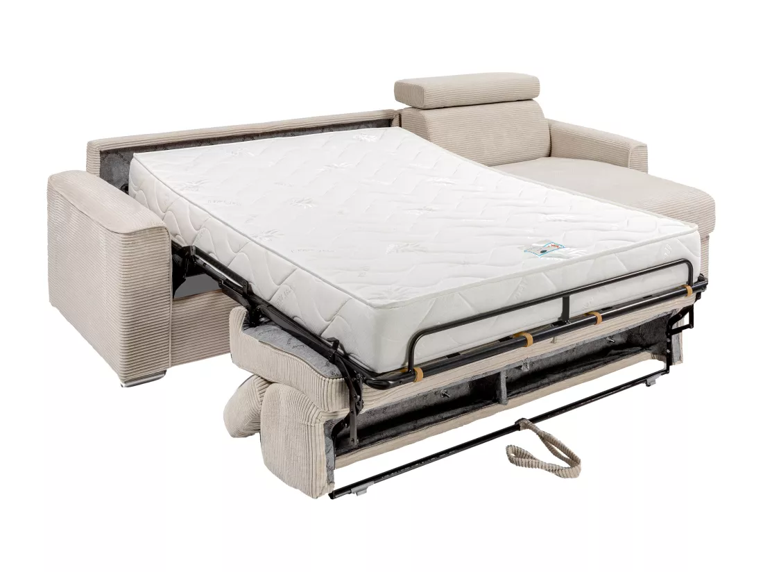 Canapé d'angle réversible convertible express en velours côtelé beige - Couchage 160 cm - Matelas 22 cm mémoire de forme - VIZIR