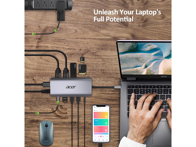 Acer Dockingstation USB-C 12-in-1 Dongle Mini Kompakte USB-C-Dock mit vielen Anschlussmöglichkeiten