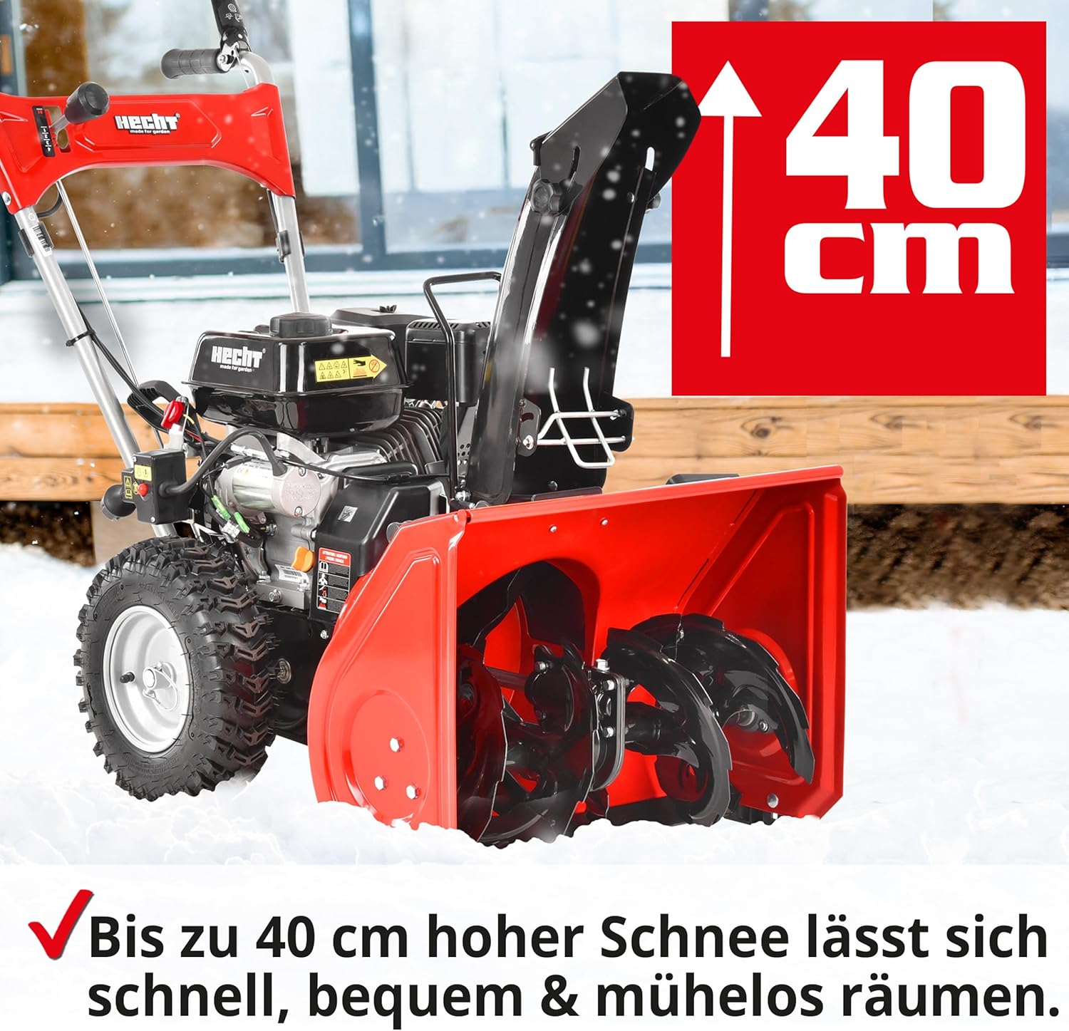 HECHT Schneefräse Benzin – 56 cm Arbeitsbreite – 2-stufig – 40 cm Arbeitshöhe – 11 m Auswurfweite – mit E-Start, 6-Vorwärts- & 2-Rückwärtsgänge, LED-Scheinwerfer