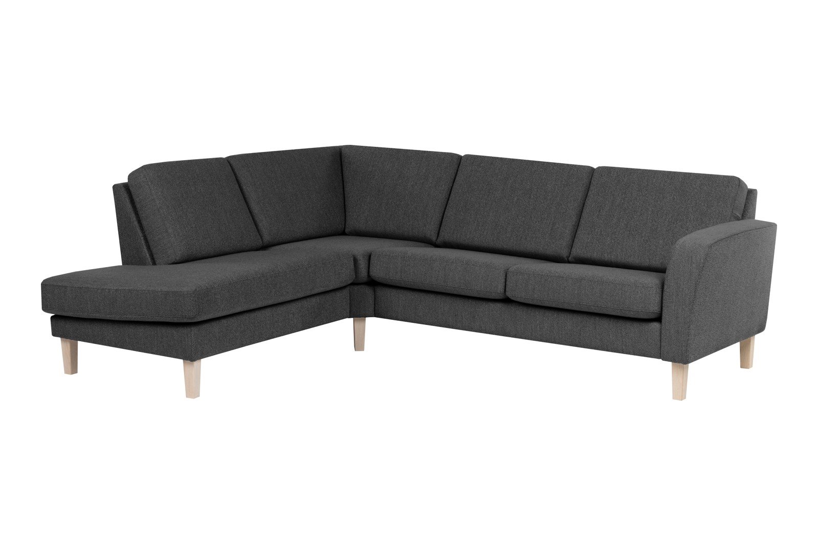 Slogen hjørnesofa Oppsett AV. 2,5-seter med åpen ende venstre. Tekstil Viva Dark Grey med standard ryggpute. Vange A og hvitpigmentert ben 178.